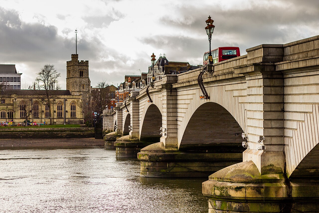 Putney Bridge over the River Thames in London, with St Mary's Church on the far bank