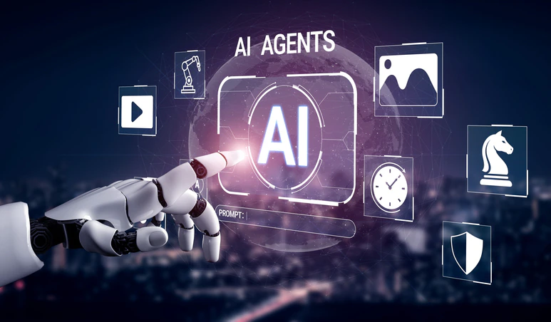Robot hand touching an AI agents interface with tool icons